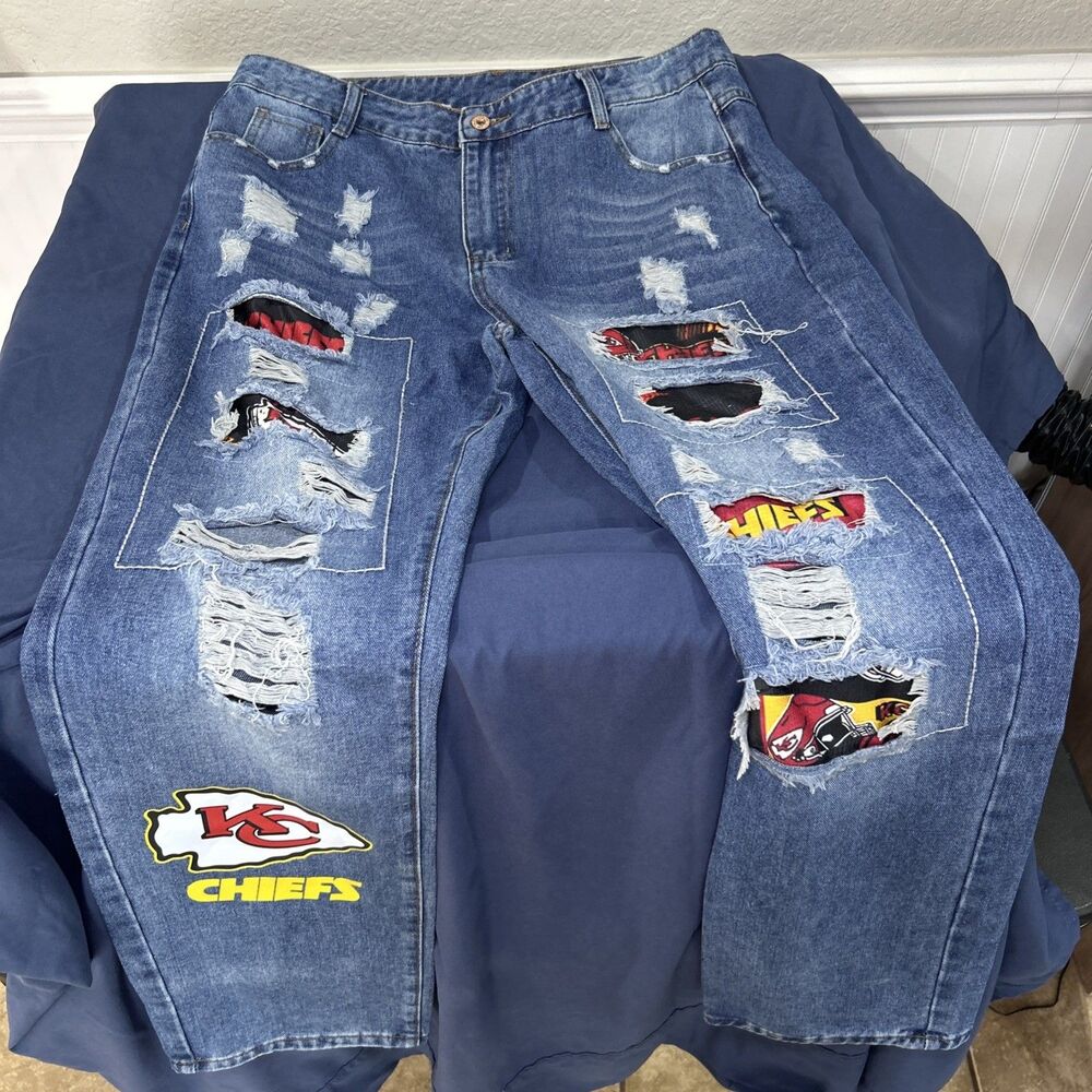 Kansas City Chiefs Blue Jeans Womens NFL Football Distressed Patchwork Mid Waist